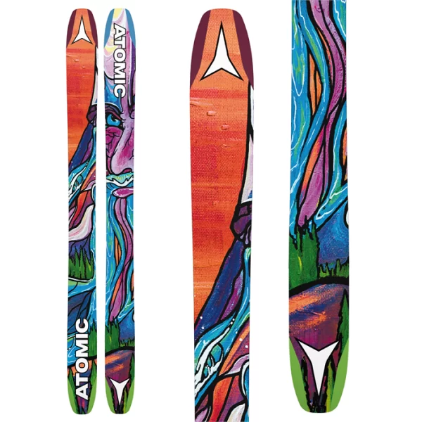 Atomic Bent Chetler 120 Skis 2023 with rainbow graphic art.