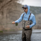 Fly fisherman fishing in the Boise River with Redington waders.
