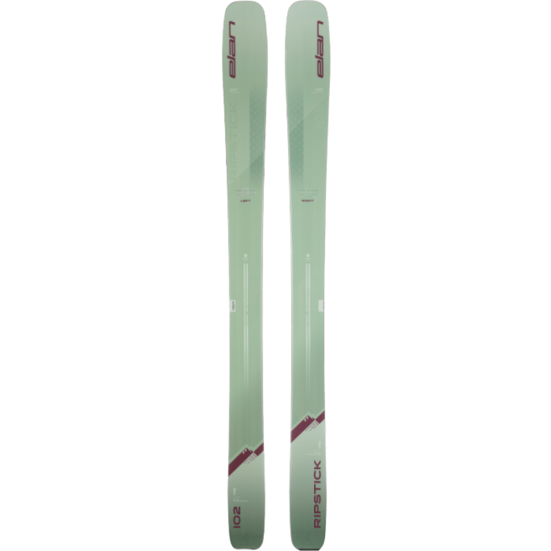 Elan Ripstick 102 Skis in sage green and purple.