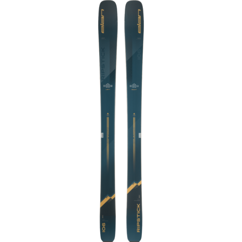 Elan Ripstick 106 Skis 2023 in blue, grey, and yellow.