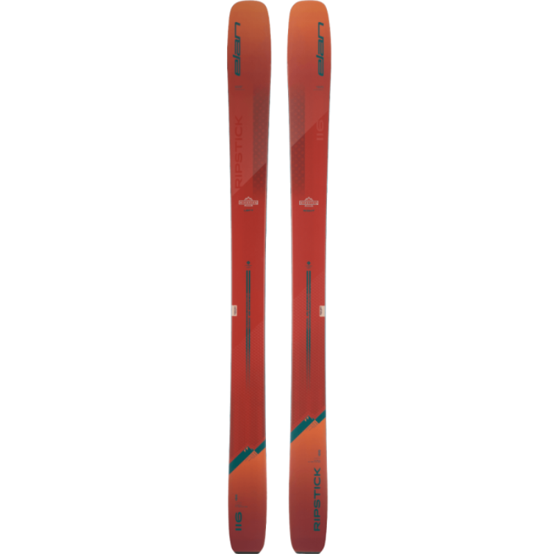 Elan Ripstick 116 Skis 2023 in orange, red, and turquoise.