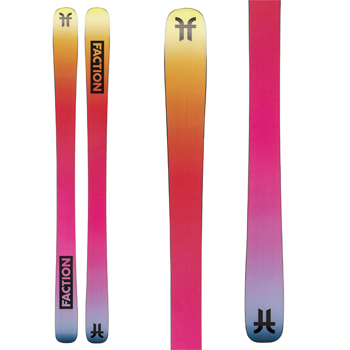 Faction Prodigy 1X Women's Skis in yellow, pink, orange, and purple.