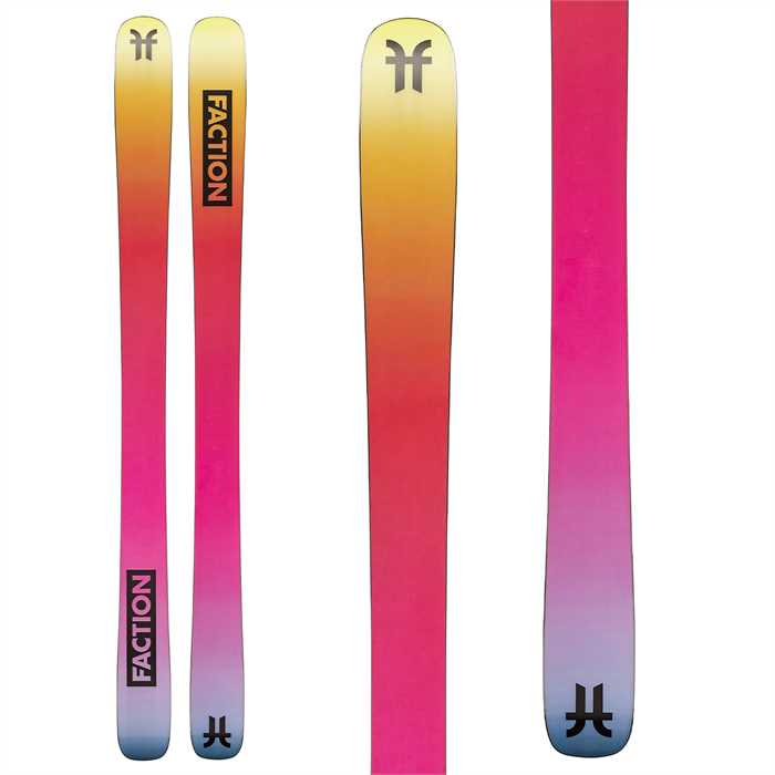 Faction Prodigy 2X Women's Skis in yellow, pink, orange, and purple.