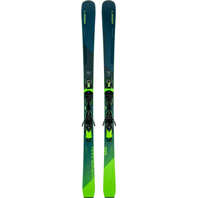 Elan Wingman 86 Ti Fusion X with Emx 11.0 Gw Fus. X 2023 184 Skis in navy and green.