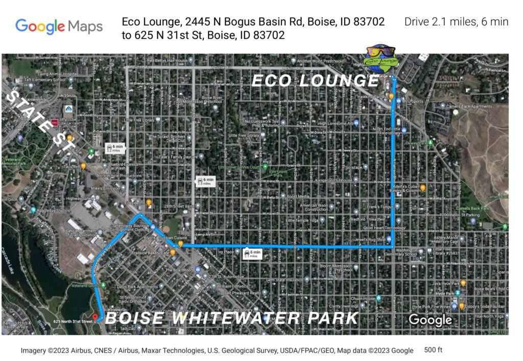 Map from Boise Whitewater Park to Eco Lounge