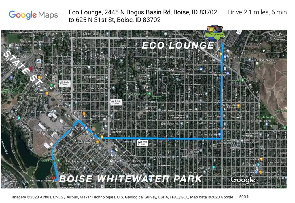 Map from Boise Whitewater Park to Eco Lounge